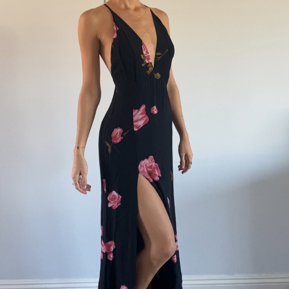Reformation floral floor length deep v occasion dress